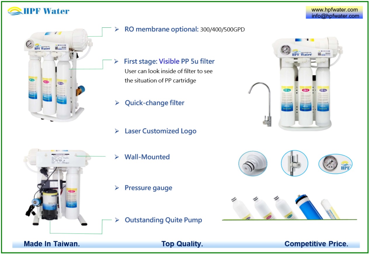 Direct Flow RO appliance 500GPD with Quick-change filter meets NSF requirements made in Taiwan.